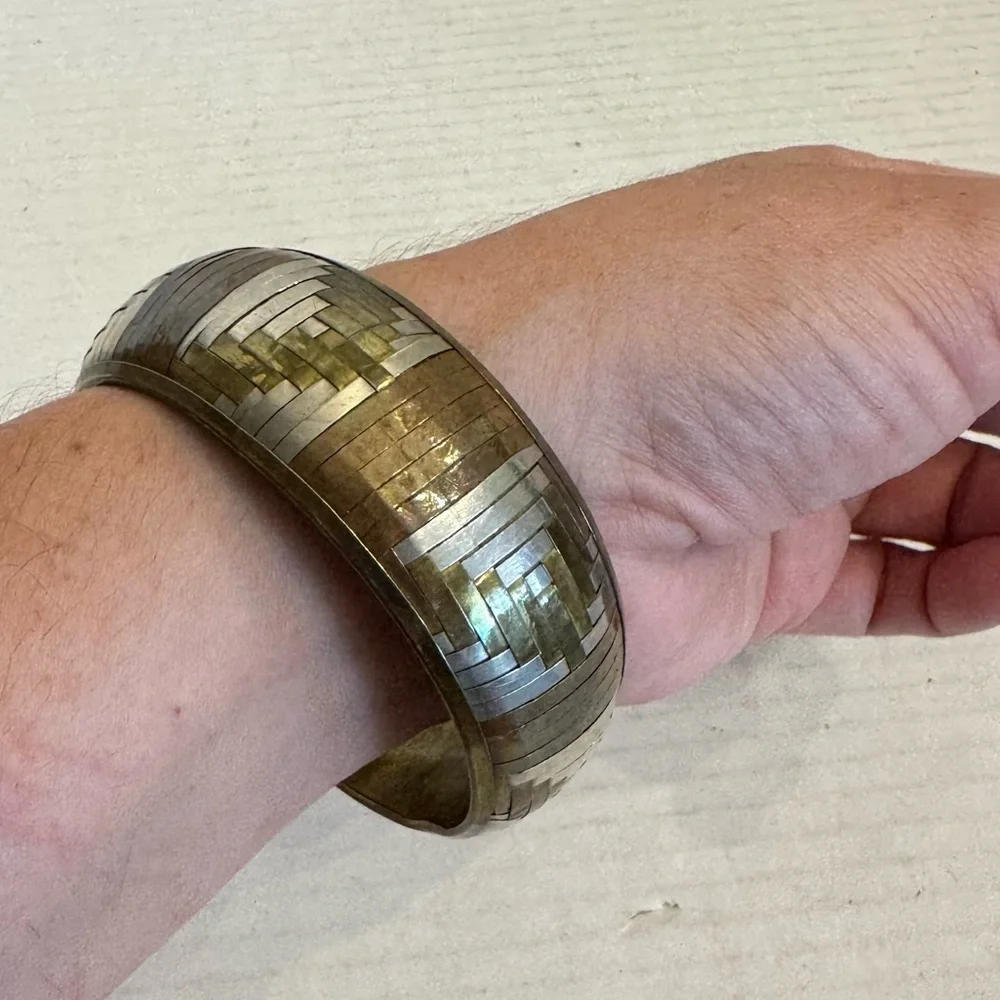 Vintage Metal Bangle Bracelet Tri-Color Woven Copper Bronze Silver Artsy Jewelry